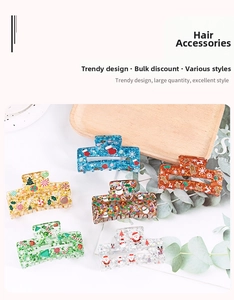 Detail of Christmas claw clip set with festive patterns like Santa and snowman on white background