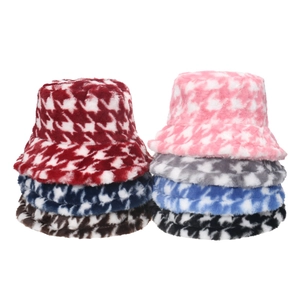 Houndstooth Bucket Hat Plush Faux Rabbit Fur Warm Winter Fisherman Cap Soft Windproof Outdoor Travel For Women Men