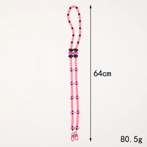 Pink and black acrylic beaded phone crossbody chain with hearts and metal clasp