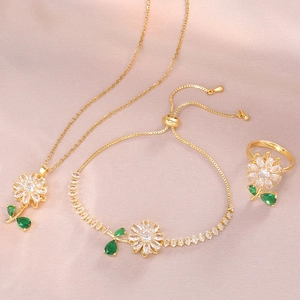 Rotating Sunflower Stainless Steel Cubic Zirconia Emerald Green Pendant Necklace Ring Bracelet Rotatable Flower Jewelry