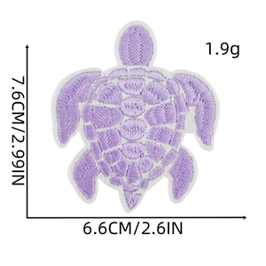 Detailed size view of purple sea turtle embroidered patch showing dimensions and texture