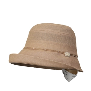 Japanese paper-woven sun hat for women with elegant pearl trim and a rolled brim design