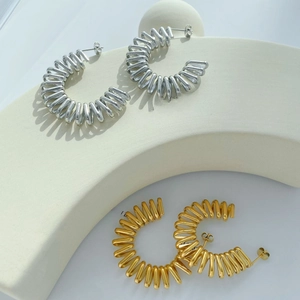 Stainless Steel Spiral Hoop Earrings Chunky C Shaped Spring Design Metallic Minimalist Fashion Jewelry For Women