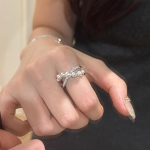 French style double-layer silver ring with white pearls and micro-pave zircons for women