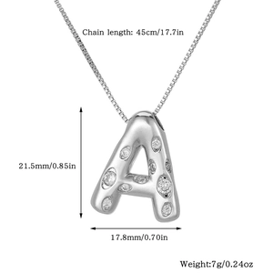Silver letter A pendant necklace with cubic zirconia showing product size and weight