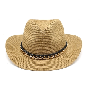Sombrero de paja tipo vaquero para hombre con banda de cuero y cadena dorada de adorno