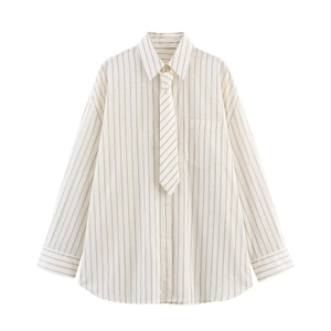 Women Striped Blouse With Tie Long Sleeve Polyester Button Down Lapel Collar Preppy Style Vintage Casual Top
