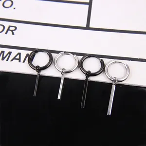 Polished stainless steel hoop earrings with long rectangular bar pendants in black and silver