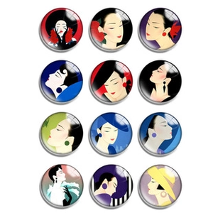 Close-up of luminous glass cabochons featuring vintage Asian female portrait illustrations