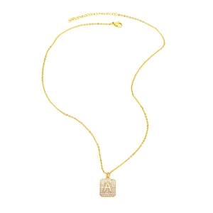 Golden square necklace with a letter A pendant featuring pave-set cubic zirconia stones