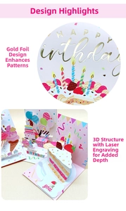 Detail of 3D birthday card featuring laser-cut gold foil stamping and pop-up cake