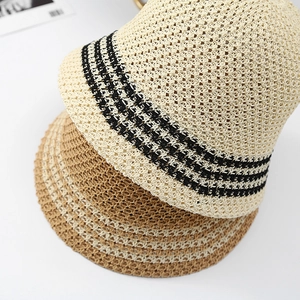 Breathable cotton linen bucket hat with stripe detail for sun protection, cream and khaki