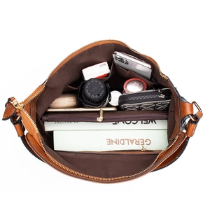 Spacious brown PU leather bag interior with multiple compartments for daily items