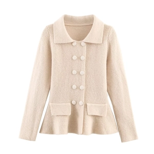 Detailed flat lay of beige double-breasted knit cardigan with lapel and ruffle hem