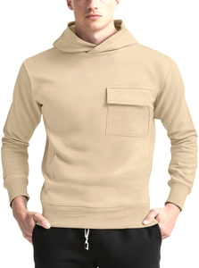 Detail of chest flap pocket and soft knit texture on men's beige hooded sweatshirt
