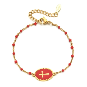 Detail of gold stainless steel bracelet with red beads and cross enamel pendant