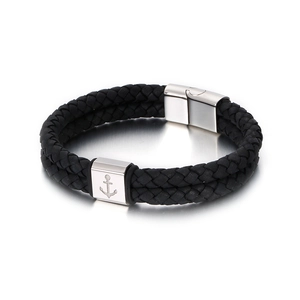 Men Double Layer Braided Leather Bracelet With Stainless Steel Anchor Magnetic Clasp Nautical Style Vintage Wristband