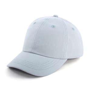 Detail of light blue cotton baseball cap featuring twill texture and six-panel structure