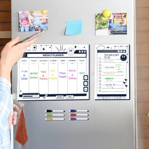 Magnetic weekly planner and to-do list on fridge with colorful markers in use