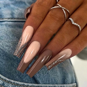 Long Coffin Press On Nails French Tip Glossy Chocolate Brown Nude Pink Silver Glitter Ballerina False Nails Women DIY Manicure