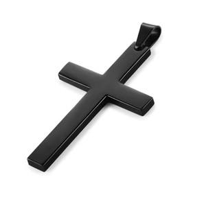 Close-up of minimalist black cross pendant with a smooth polished finish on white background