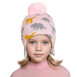 Pink knit winter hat for kids with earflaps, dinosaur jacquard and faux fur pompom