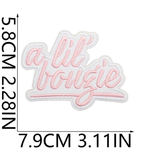 Pink and white 'a lil bougie' embroidered iron-on patch with size dimensions of 7.9x5.8cm