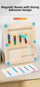 Detail of wooden magnetic color sorting maze board with logic cards for kids