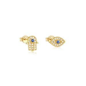 Detail of asymmetric gold S925 silver stud earrings with evil eye and hamsa hand