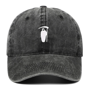 Vintage washed charcoal baseball cap with white Reaper embroidery in a classic 6-panel design