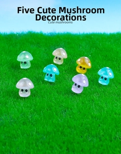 Luminous resin mushroom figurines for micro landscape decoration on green grass