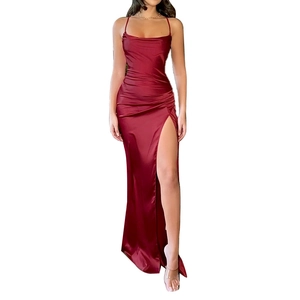 Elegant wine red satin backless evening gown with spaghetti straps and high leg slit