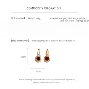 Detailed size chart of vintage pearl and tiger eye earrings with 3.1x1.4cm dimensions
