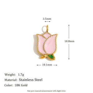 Pink tulip enamel flower pendant in 18K gold plated stainless steel with size measurements