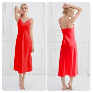 Front and back view of a long red satin nightgown with elegant lace trim at the V-neckline