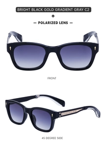 Front and 45-degree angle view of polarized sunglasses with black gold frame
