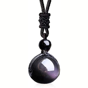 Natural Obsidian Pendant Necklace Rainbow Eye Stone Round Bead Woven Rope Handmade Simple Jewelry Gift For Couple
