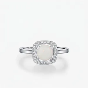 Round White Opal Ring 925 Sterling Silver With Zircon Square Halo Retro French Chic Style Jewelry For Women