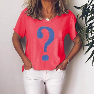 Women's V-neck short sleeve T-shirt in red with blue question mark print on white pants