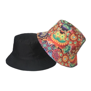 Reversible cotton bucket hat with black solid side and colorful mandala tiger print