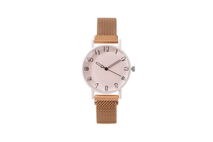 Detail of rose gold mesh watch strap and pink dial with artistic black numerals