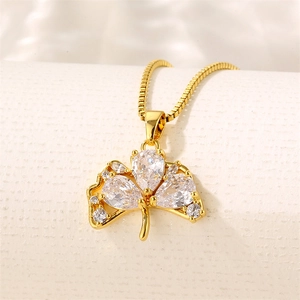 Minimalist gold stainless steel ginkgo leaf necklace with sparkling zircon pendant