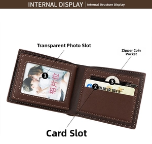 Detail showing internal card slots, transparent photo window and zip pocket in brown wallet