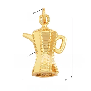 Macro view of a 14mm x 15mm gold coffee pot charm with embossed dot texture