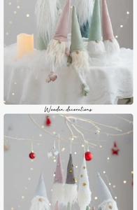 Detail of colorful plush Christmas gnomes decorations in sitting and hanging displays
