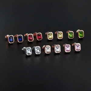Colorful rectangular crystal stud earring set in gold and silver finish with reflection