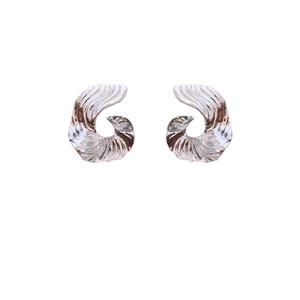 Textured silver feather-shaped geometric metal stud earrings for women on white background