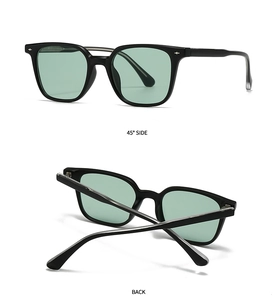 Detailed views showing 45-degree side and back profile of black frames with green lenses