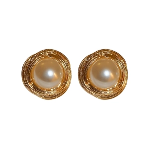 Vintage gold textured twisted earrings with pearls and geometric French elegant style
