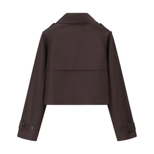 Back view of a cropped dark brown short trench coat with long sleeves on white background